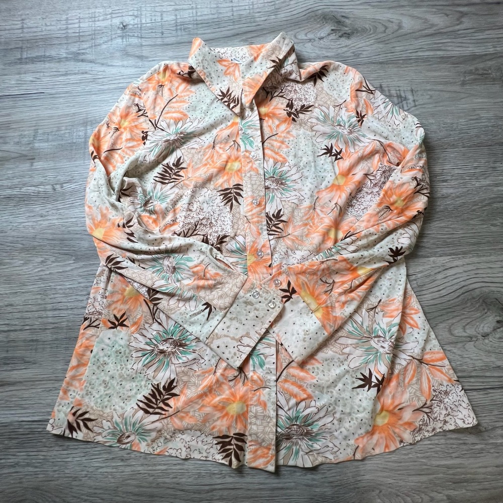 Shirt Accent Button Down Womens‎ Large Orange Floral 70s Vintage Blouse AC86